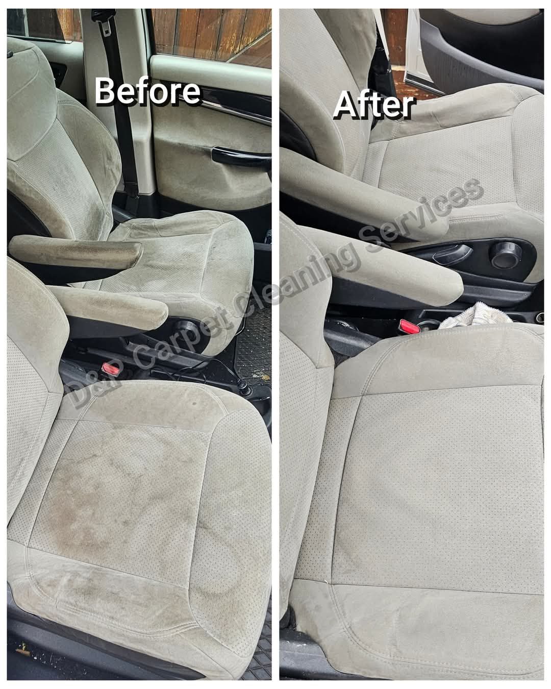 Before and after clean of a cream car interior and seats