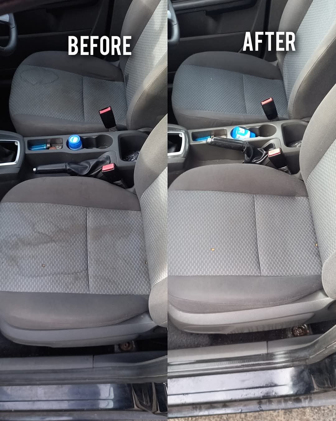 Before and after clean of a grey car interior and front seats