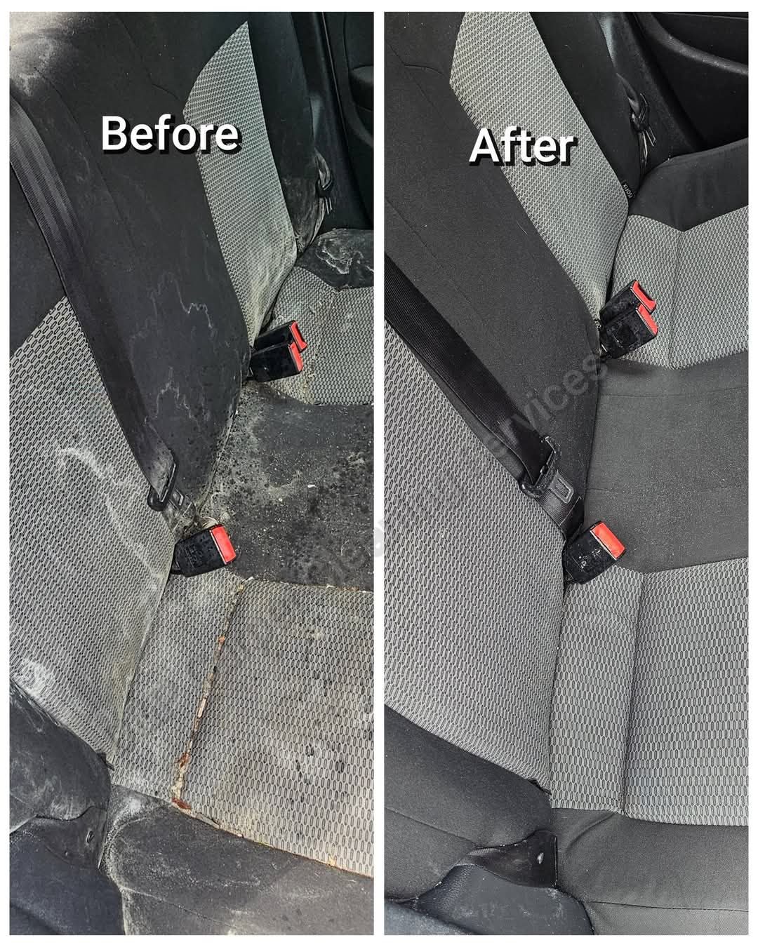 Before and after clean of a heavily soiled car rear seat