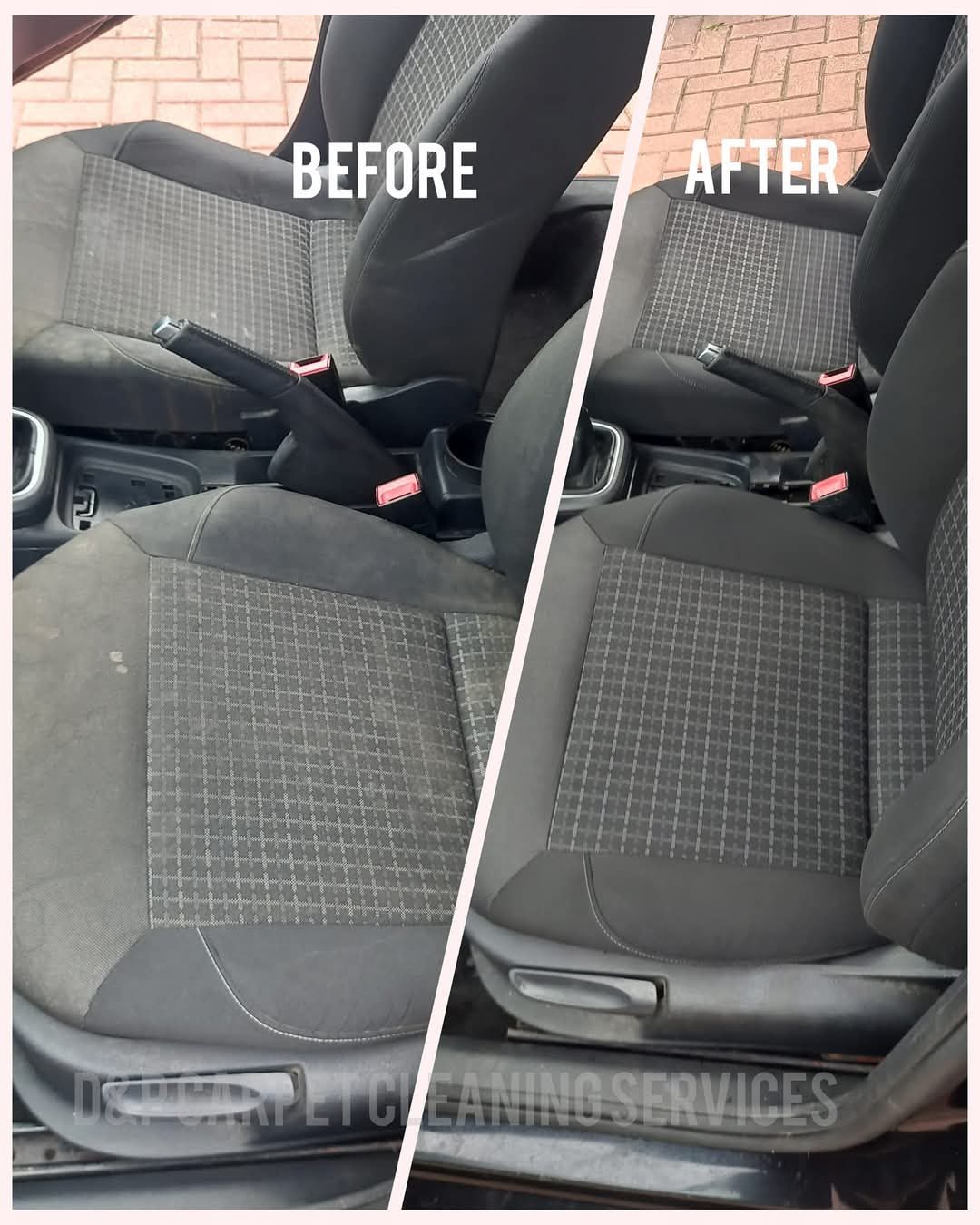 Before and after clean of fabric car front seats