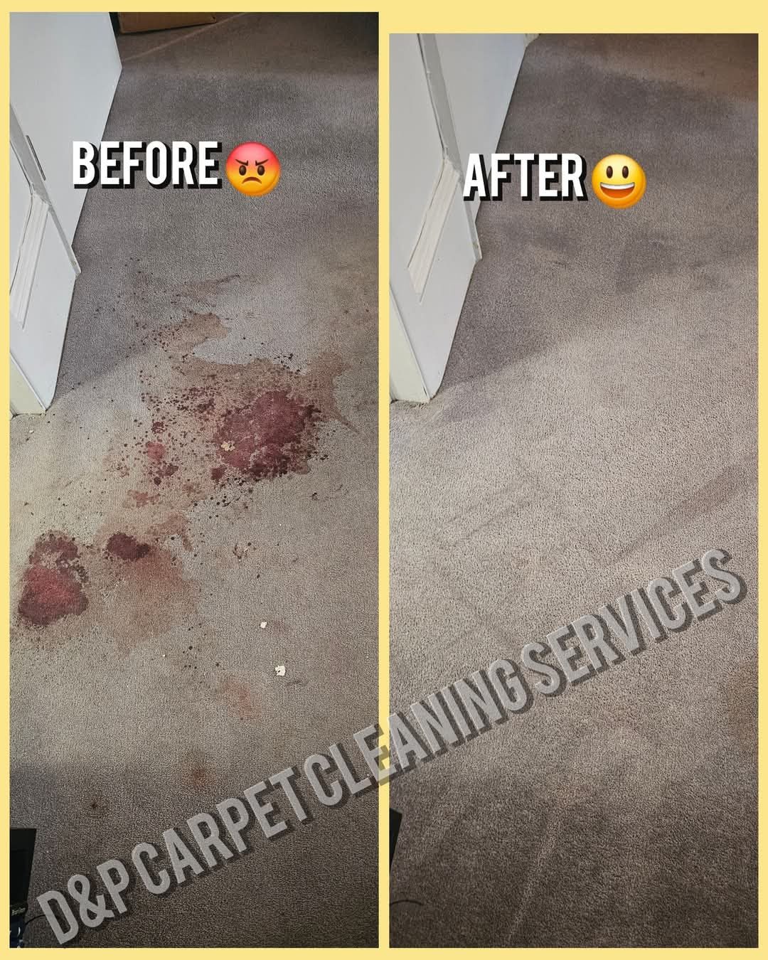 Before and after removal of a deep red stain from a lounge carpet
