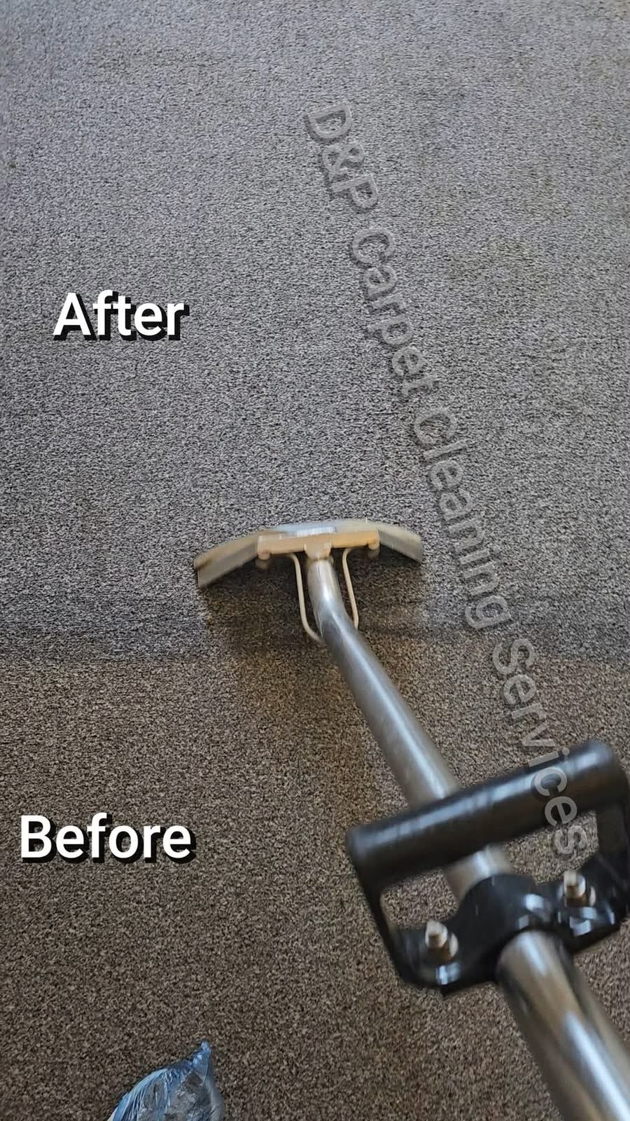 Before and after of a dark bedroom carpet cleaned with a hot-water extraction wand