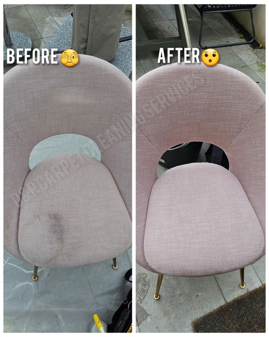 Before and after clean of an upholstered armchair