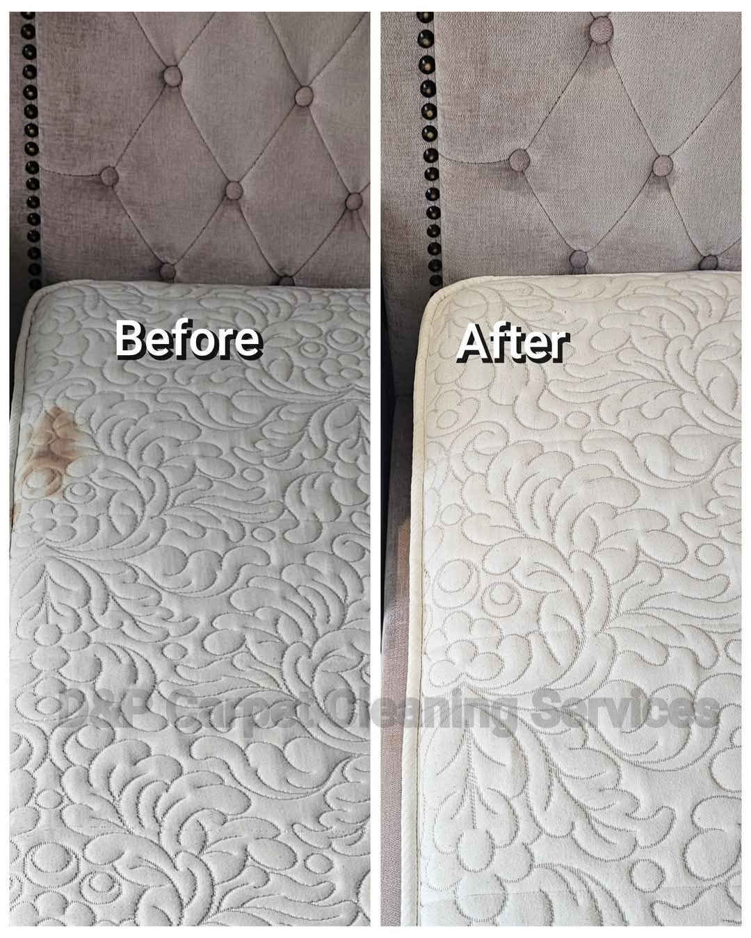 Before and after deep clean of a stained mattress