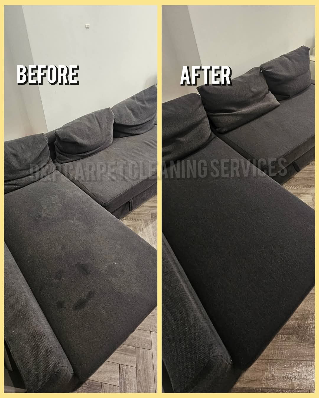 Before and after clean of a dark fabric corner sofa