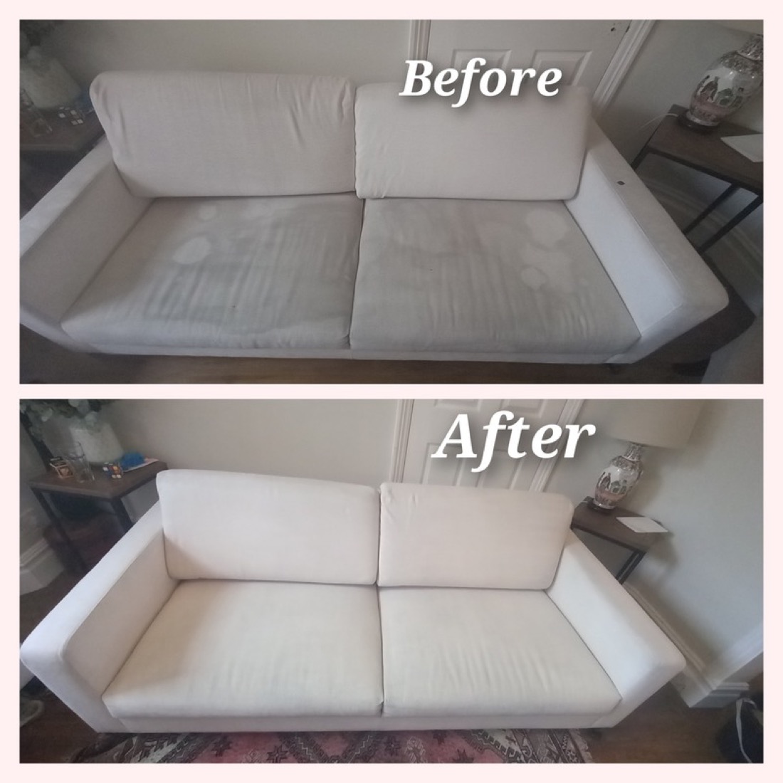 Before and after clean of a white fabric sofa