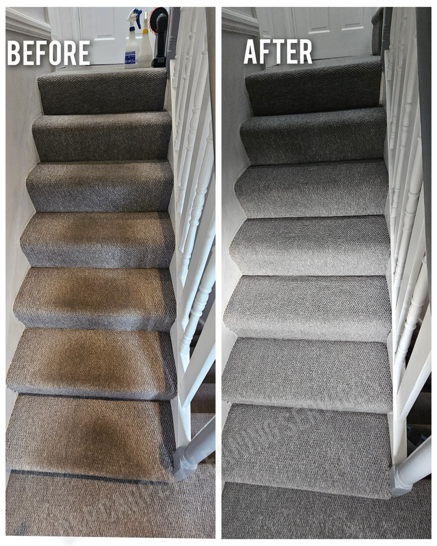 Before and after deep clean of a stair carpet in London